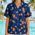 Model wearing Women's Father Fretwork Custom Face Hawaiian Shirt printed with kids' faces