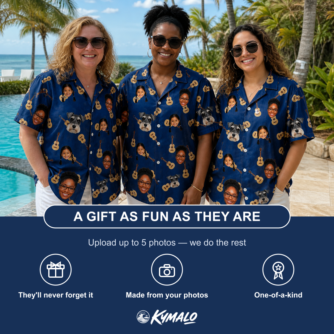 Friends in matching Women's Father Fretwork Custom Face Hawaiian Shirt — a group gift photo