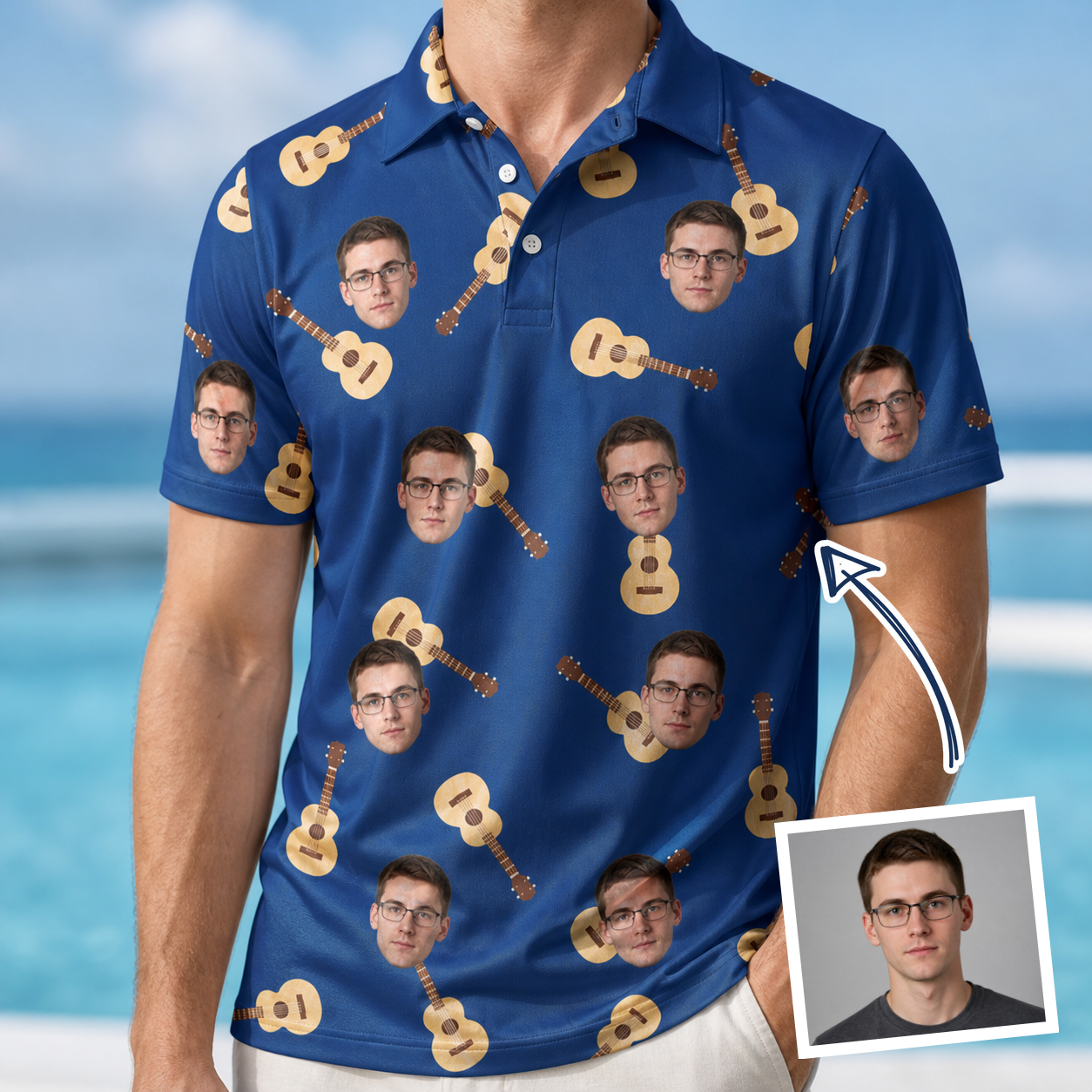 Man wearing Men's Father Fretwork Custom Face Polo Shirt — custom faces printed all-over