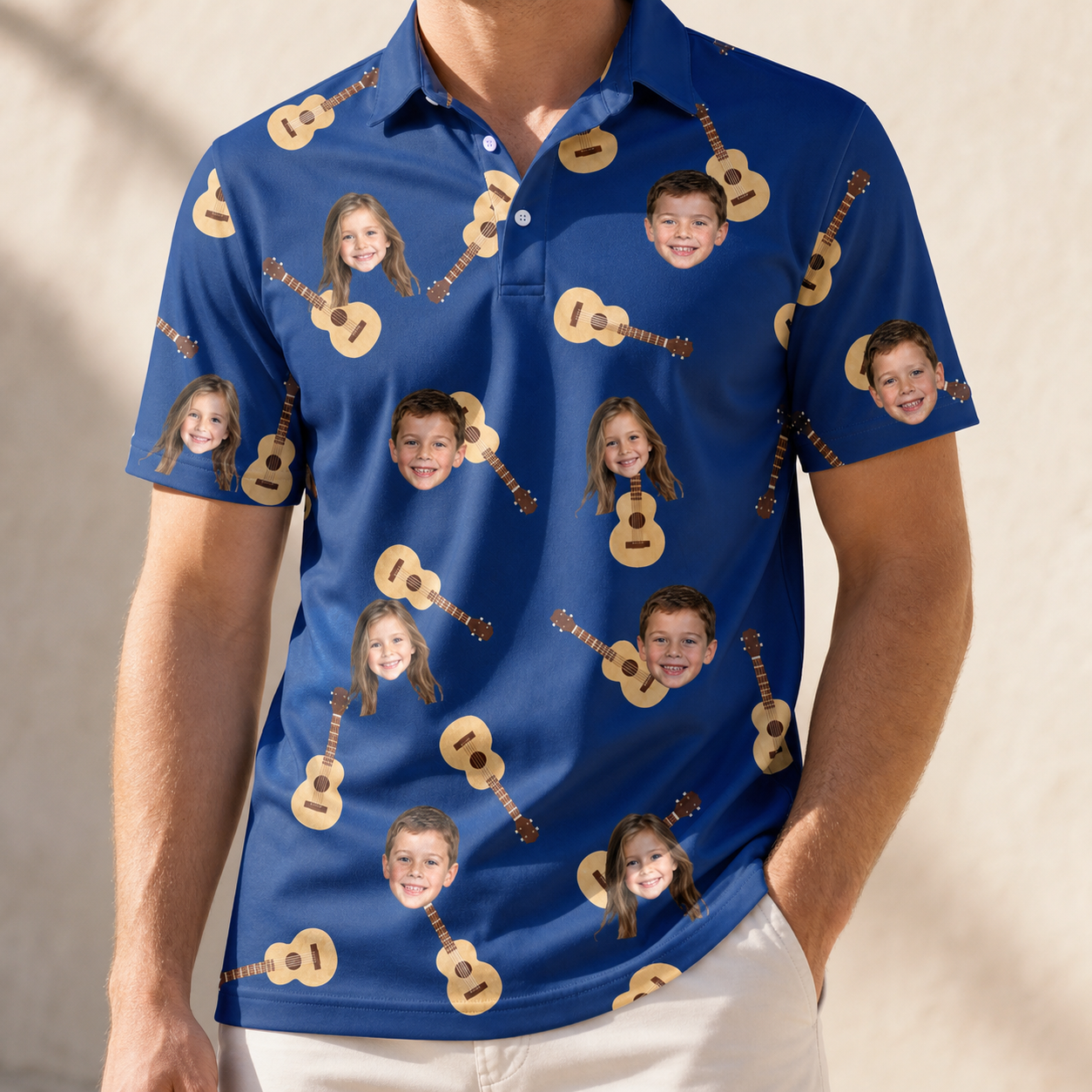 Model wearing Men's Father Fretwork Custom Face Polo Shirt printed with kids' faces