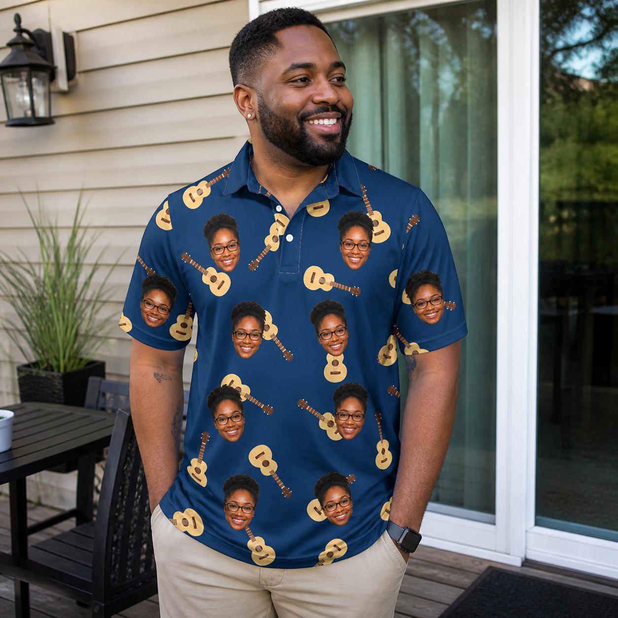 Real-life photo of someone wearing Men's Father Fretwork Custom Face Polo Shirt — custom faces printed all-over