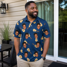Real-life photo of someone wearing Men's Father Fretwork Custom Face Polo Shirt — custom faces printed all-over