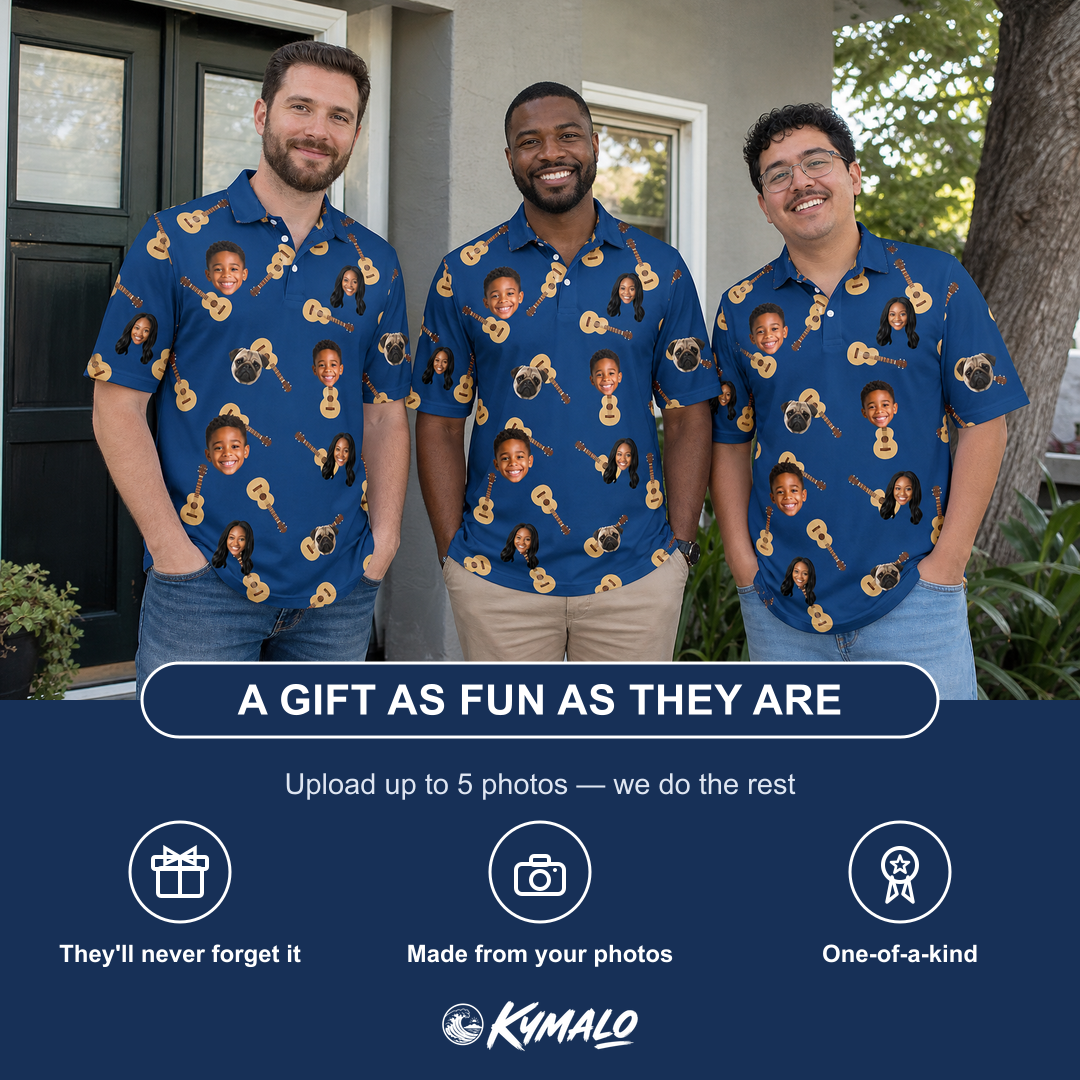 Friends in matching Men's Father Fretwork Custom Face Polo Shirt — a group gift photo