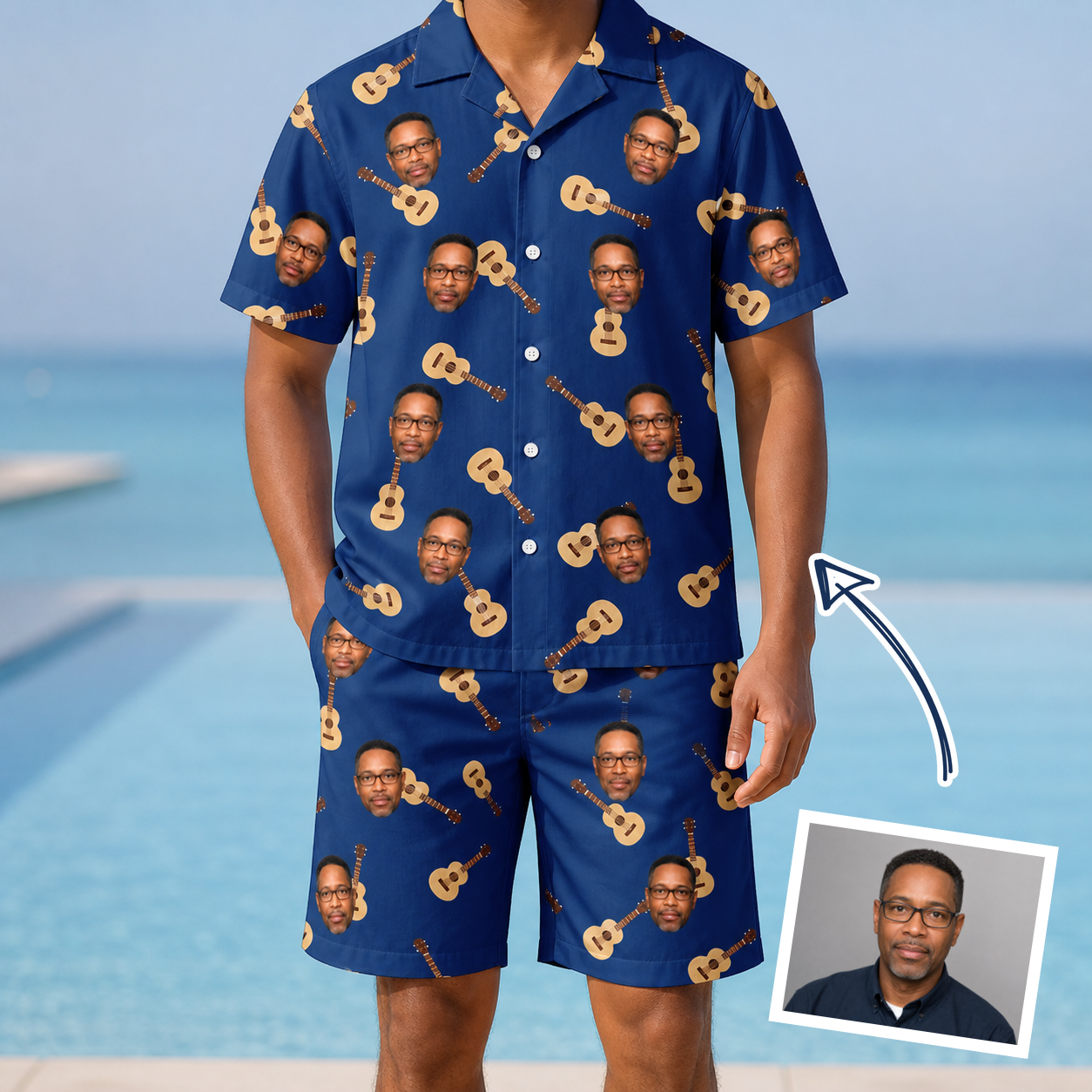 Man wearing Men's Father Fretwork Custom Face Shirt & Shorts Set — custom faces printed all-over
