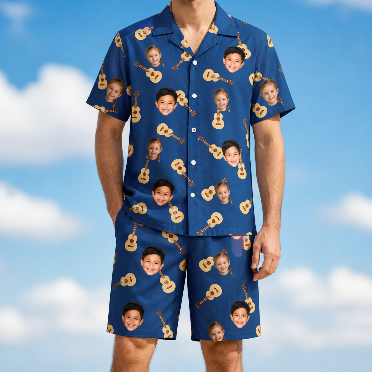 Model wearing Men's Father Fretwork Custom Face Shirt & Shorts Set printed with kids' faces