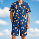 Model wearing Men's Father Fretwork Custom Face Shirt & Shorts Set printed with kids' faces