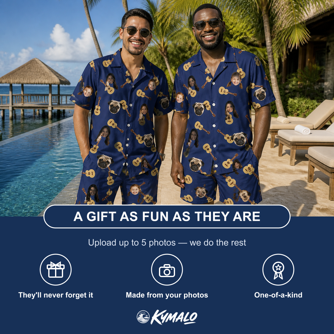 Friends in matching Men's Father Fretwork Custom Face Shirt & Shorts Set — a group gift photo