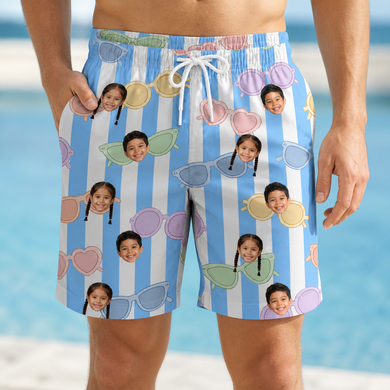 Model wearing Men's Papa Polarizers Custom Face Beach Shorts printed with kids' faces