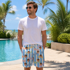 Real-life photo of someone wearing Men's Papa Polarizers Custom Face Beach Shorts — custom faces printed all-over