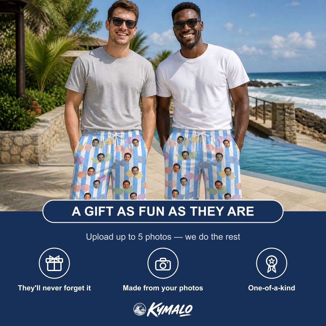 Friends in matching Men's Papa Polarizers Custom Face Beach Shorts — a group gift photo