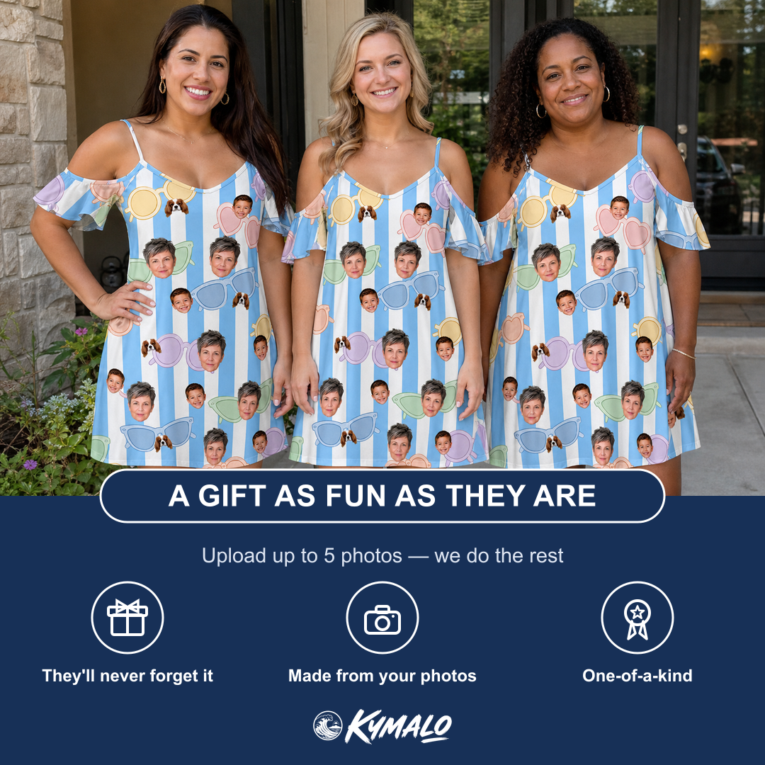Friends in matching Women's Papa Polarizers Custom Face Off-Shoulder Dress — a group gift photo