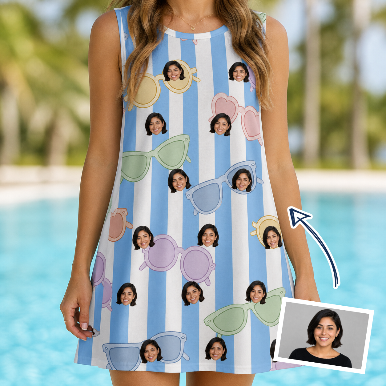 Woman wearing Women's Papa Polarizers Custom Face Tank Dress — custom faces printed all-over
