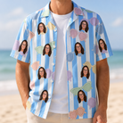 Man wearing Men's Papa Polarizers Custom Face Hawaiian Shirt open over a white tee