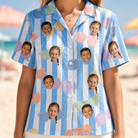 Model wearing Women's Papa Polarizers Custom Face Hawaiian Shirt printed with kids' faces