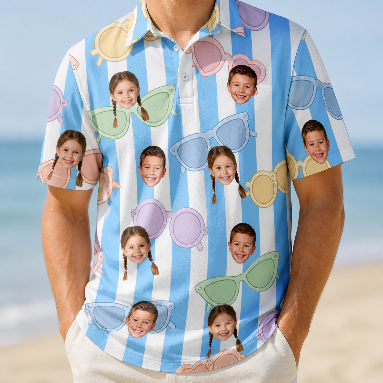 Model wearing Men's Papa Polarizers Custom Face Polo Shirt printed with kids' faces