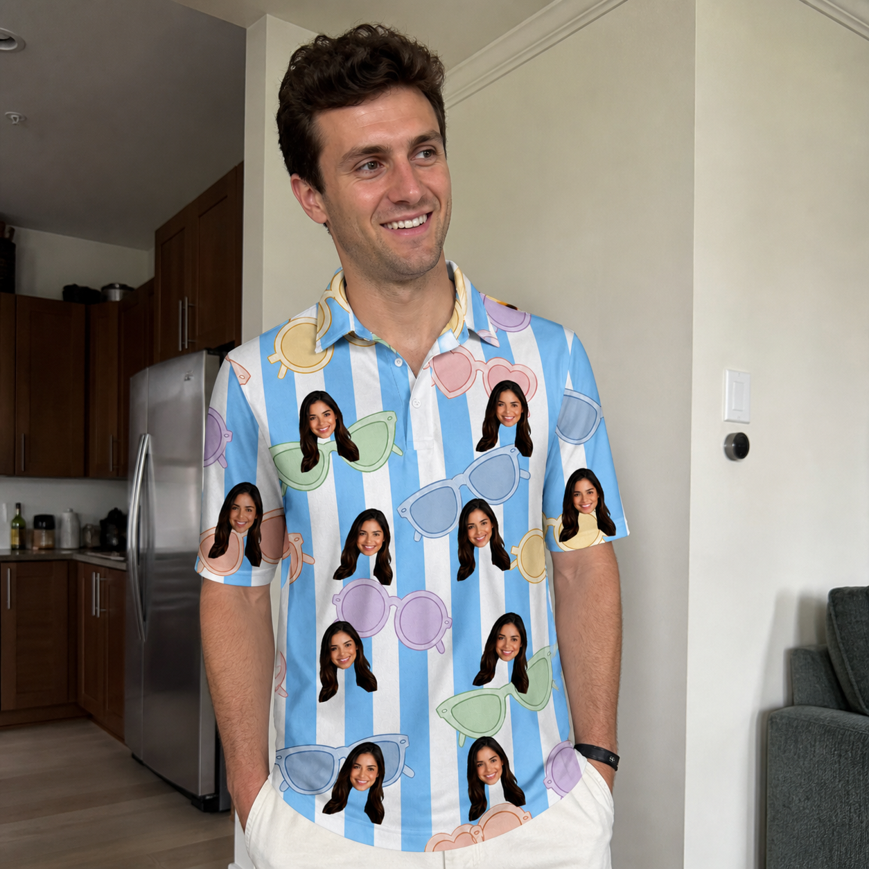 Real-life photo of someone wearing Men's Papa Polarizers Custom Face Polo Shirt — custom faces printed all-over