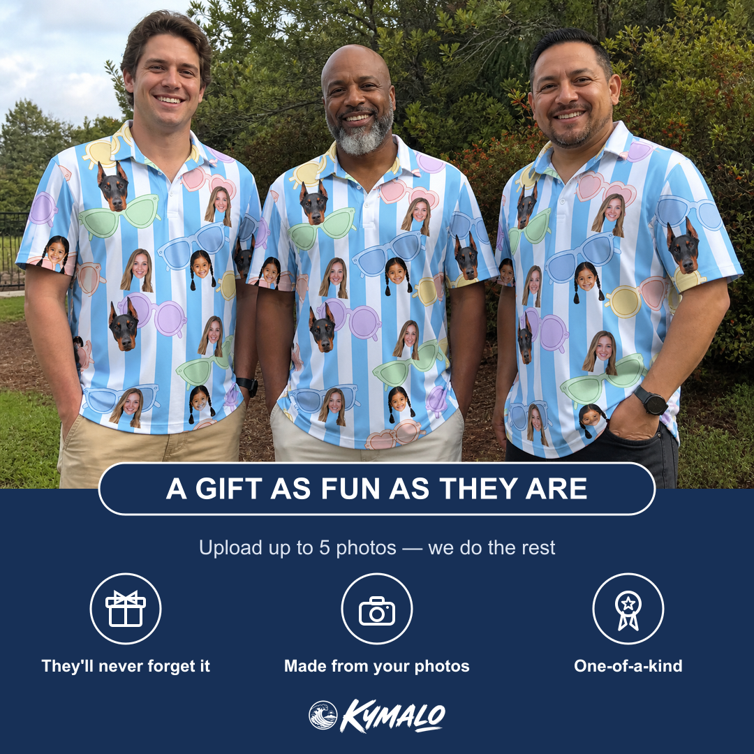 Friends in matching Men's Papa Polarizers Custom Face Polo Shirt — a group gift photo