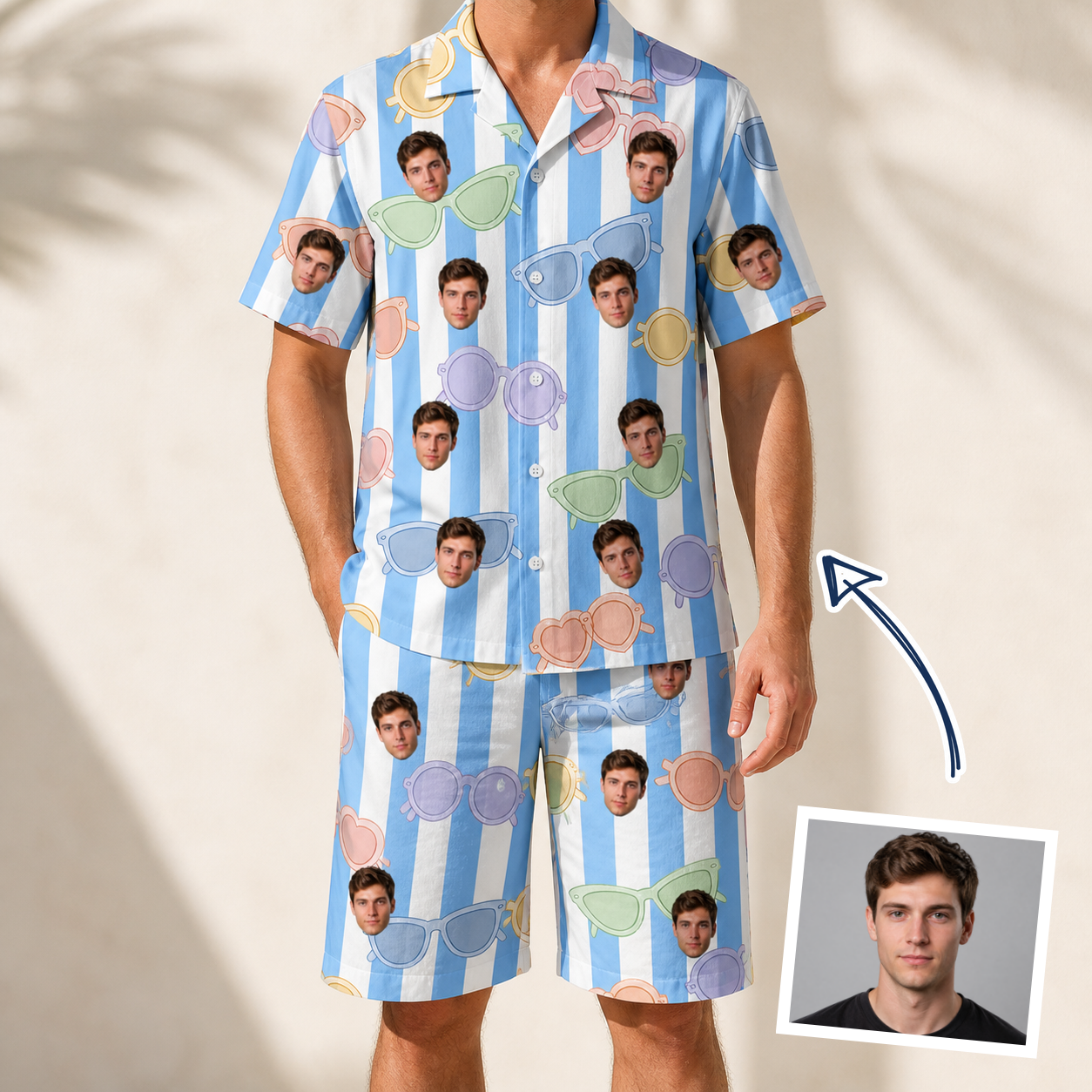 Man wearing Men's Papa Polarizers Custom Face Shirt & Shorts Set — custom faces printed all-over