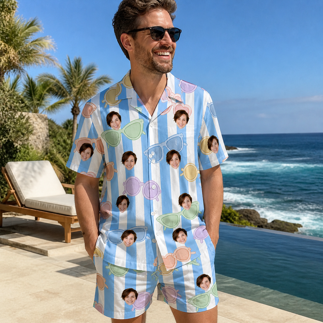 Real-life photo of someone wearing Men's Papa Polarizers Custom Face Shirt & Shorts Set — custom faces printed all-over