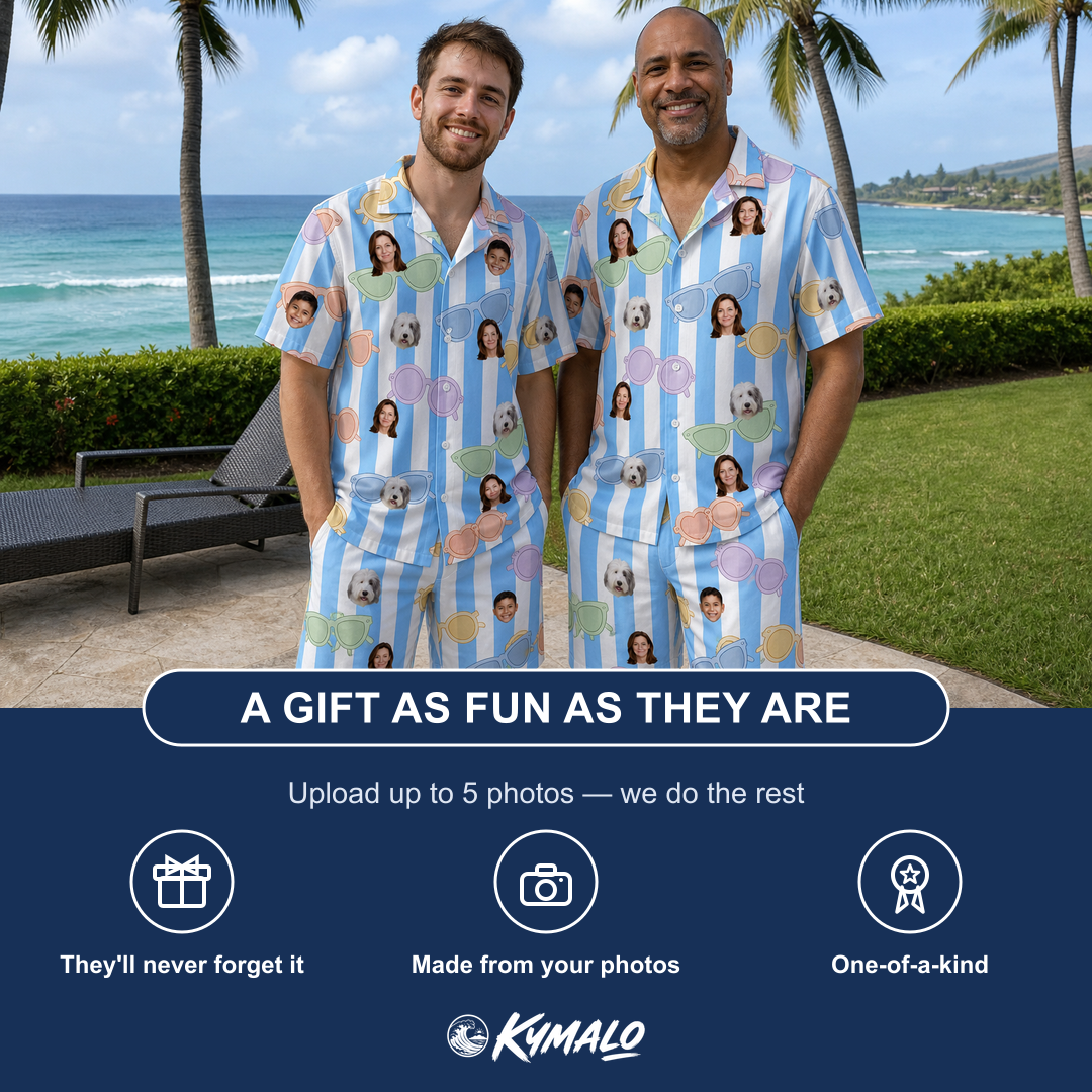 Friends in matching Men's Papa Polarizers Custom Face Shirt & Shorts Set — a group gift photo