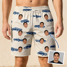 Man wearing Men's Piston Pride Custom Face Beach Shorts — custom faces printed all-over