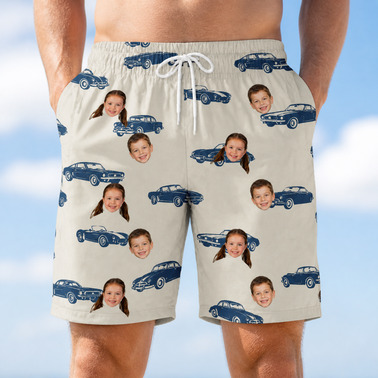 Model wearing Men's Piston Pride Custom Face Beach Shorts printed with kids' faces