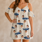 Model wearing Women's Piston Pride Custom Face Off-Shoulder Dress printed with kids' faces