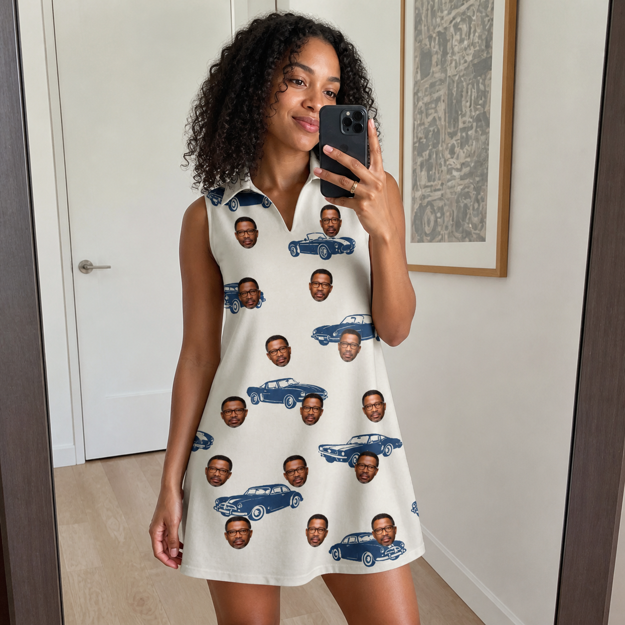Real-life photo of someone wearing Women's Piston Pride Custom Face V-Neck Dress — custom faces printed all-over