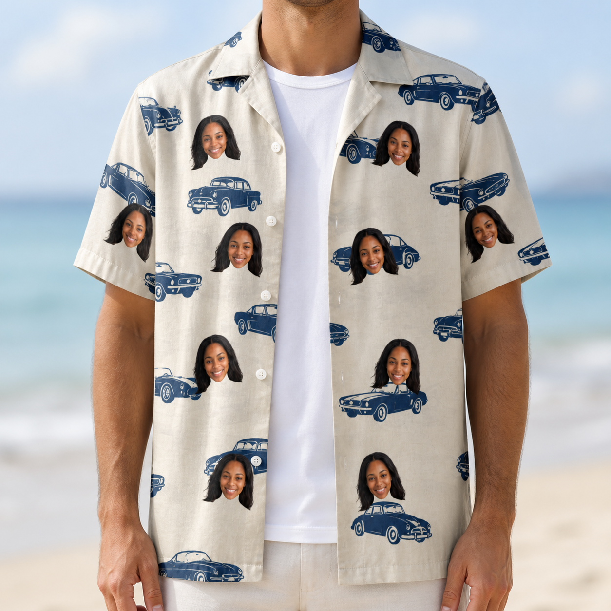 Man wearing Men's Piston Pride Custom Face Hawaiian Shirt open over a white tee