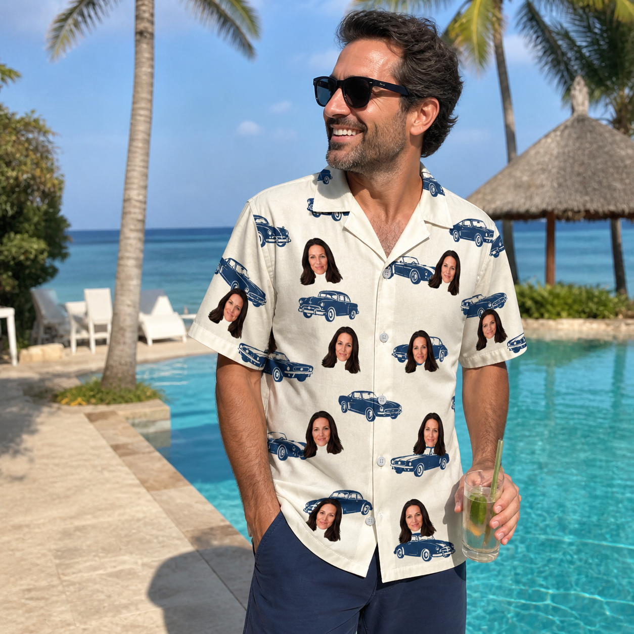 Real-life photo of someone wearing Men's Piston Pride Custom Face Hawaiian Shirt — custom faces printed all-over