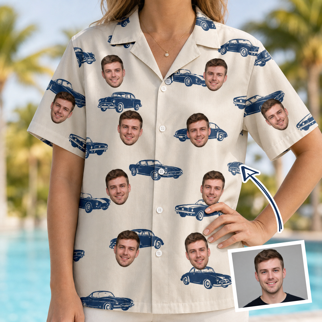 Woman wearing Women's Piston Pride Custom Face Hawaiian Shirt — custom faces printed all-over