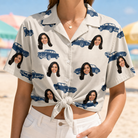 Woman wearing Women's Piston Pride Custom Face Hawaiian Shirt tied at the waist