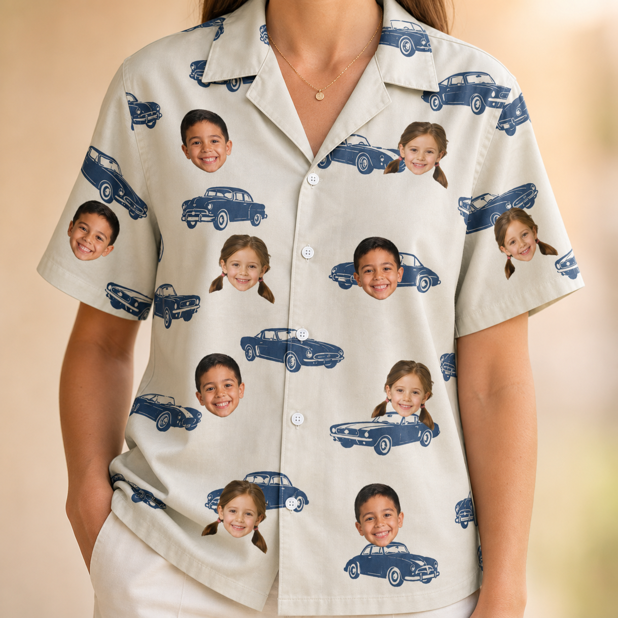 Model wearing Women's Piston Pride Custom Face Hawaiian Shirt printed with kids' faces