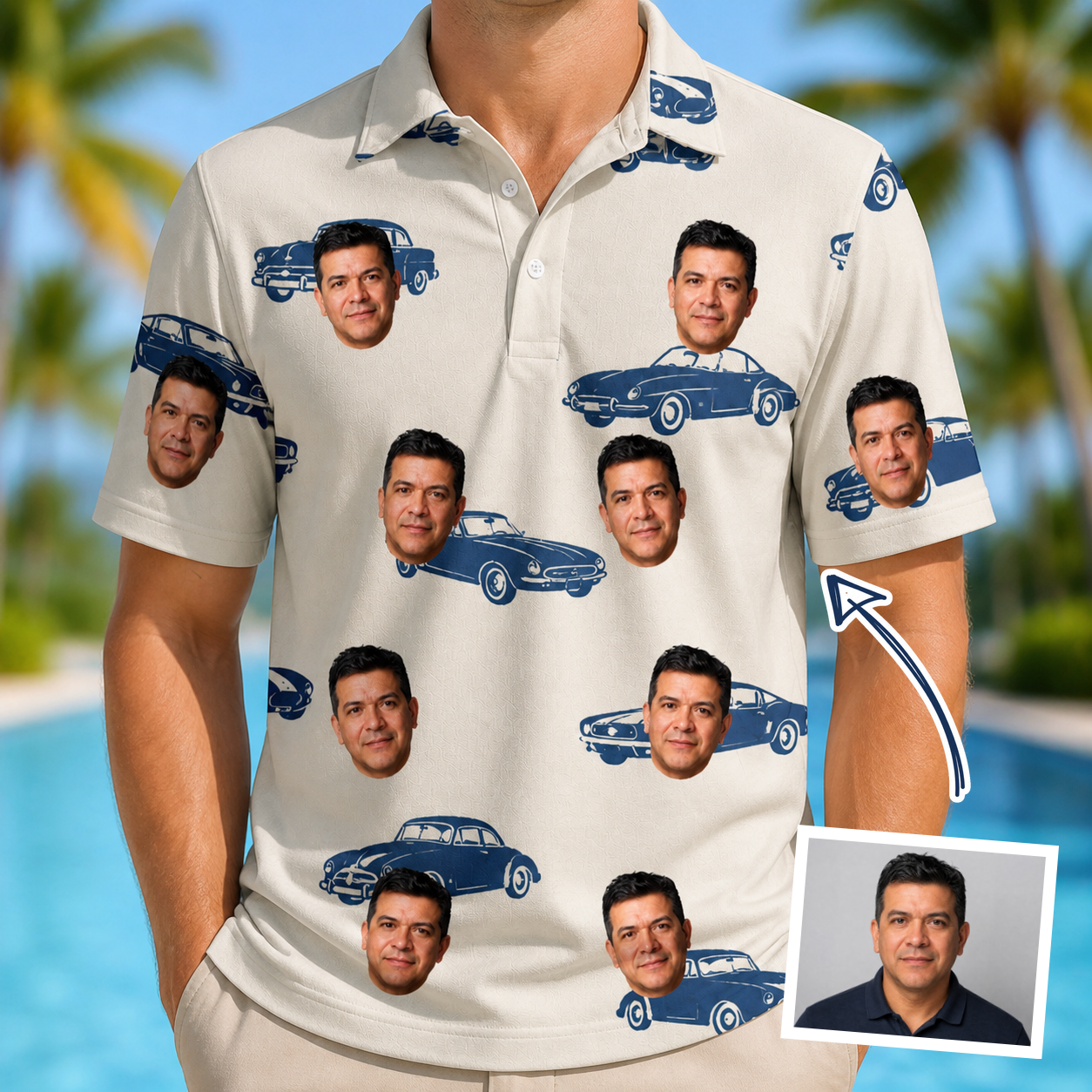 Man wearing Men's Piston Pride Custom Face Polo Shirt — custom faces printed all-over