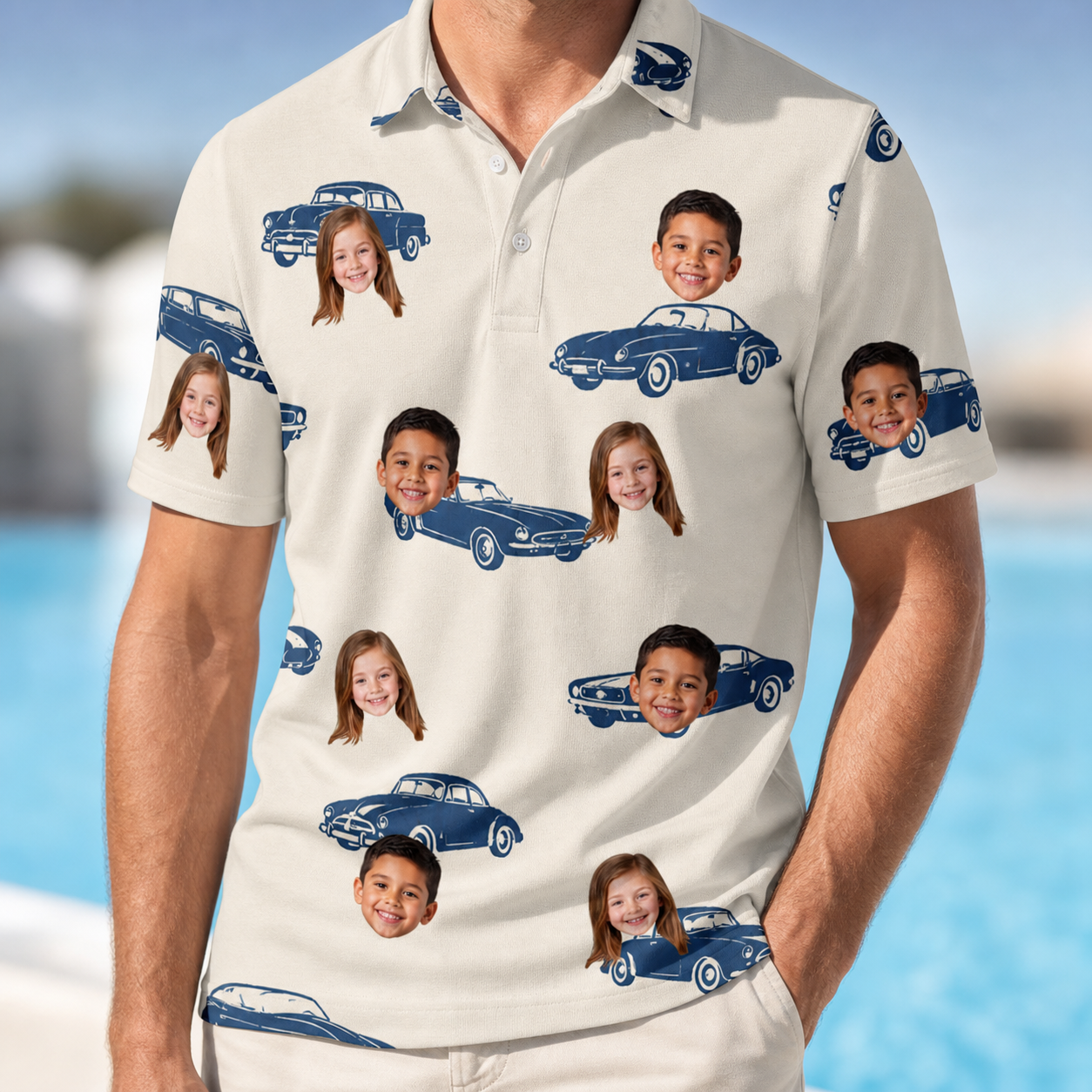Model wearing Men's Piston Pride Custom Face Polo Shirt printed with kids' faces
