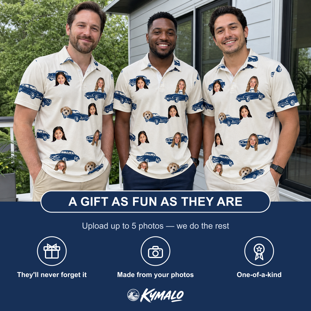 Friends in matching Men's Piston Pride Custom Face Polo Shirt — a group gift photo