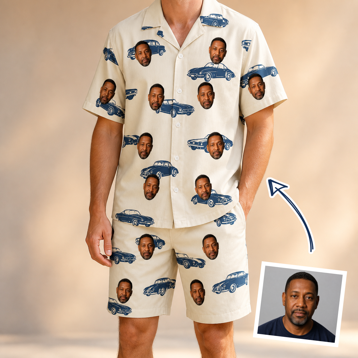 Man wearing Men's Piston Pride Custom Face Shirt & Shorts Set — custom faces printed all-over