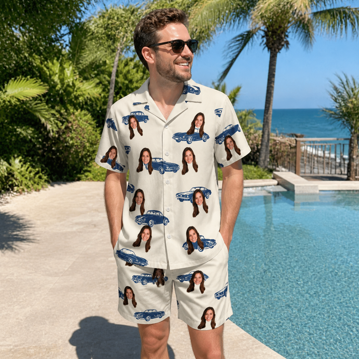 Real-life photo of someone wearing Men's Piston Pride Custom Face Shirt & Shorts Set — custom faces printed all-over