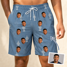 Man wearing Men's Trophy Toppers Custom Face Beach Shorts — custom faces printed all-over