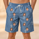 Model wearing Men's Trophy Toppers Custom Face Beach Shorts printed with kids' faces