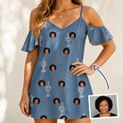 Woman wearing Women's Trophy Toppers Custom Face Off-Shoulder Dress — custom faces printed all-over