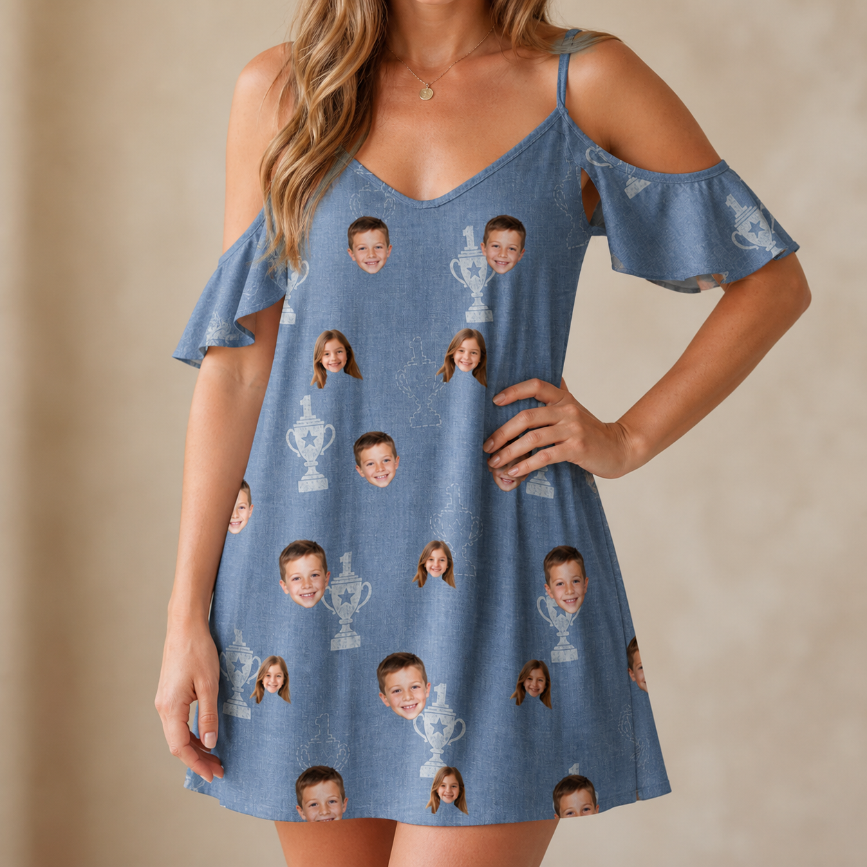 Model wearing Women's Trophy Toppers Custom Face Off-Shoulder Dress printed with kids' faces