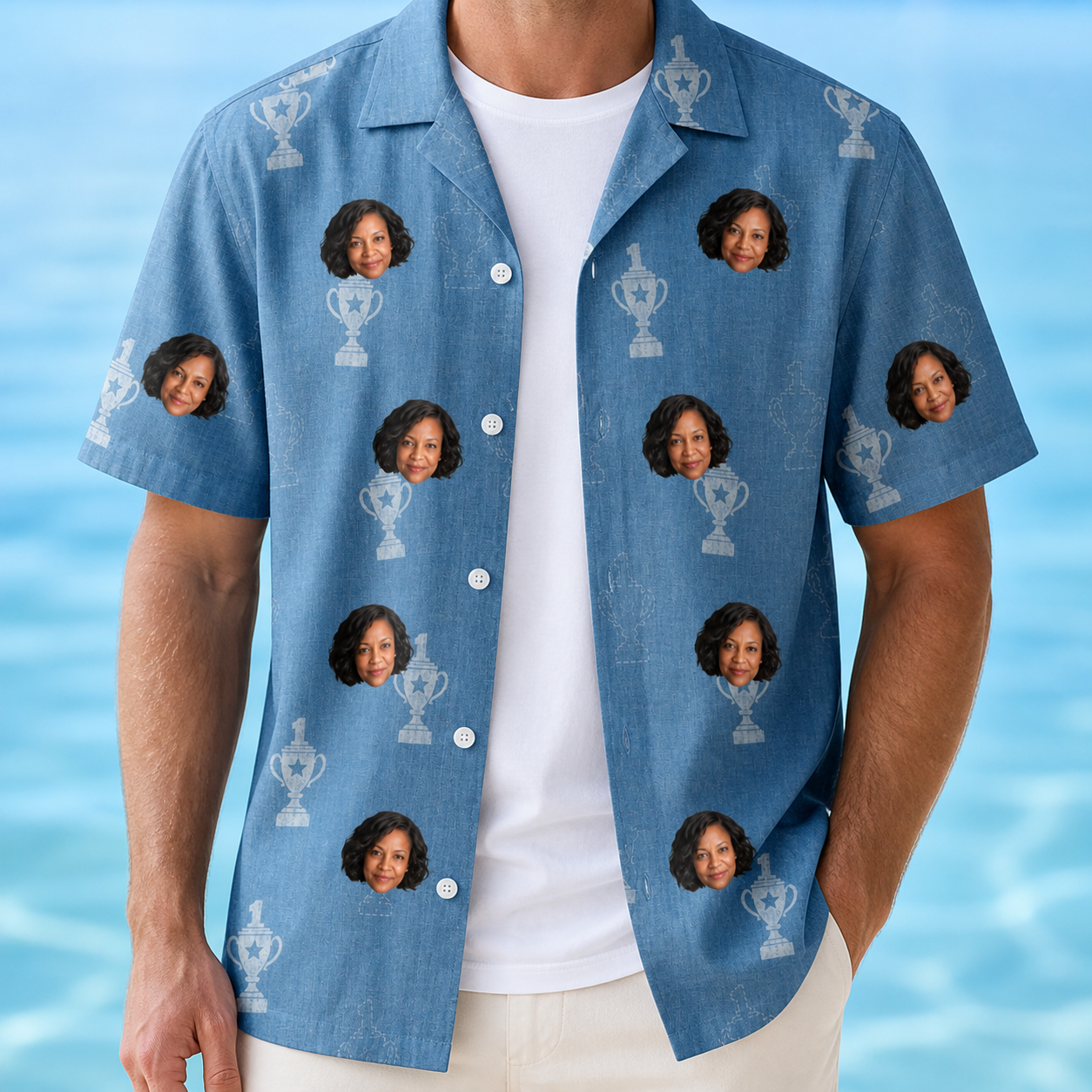 Man wearing Men's Trophy Toppers Custom Face Hawaiian Shirt open over a white tee