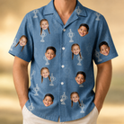 Model wearing Men's Trophy Toppers Custom Face Hawaiian Shirt printed with kids' faces