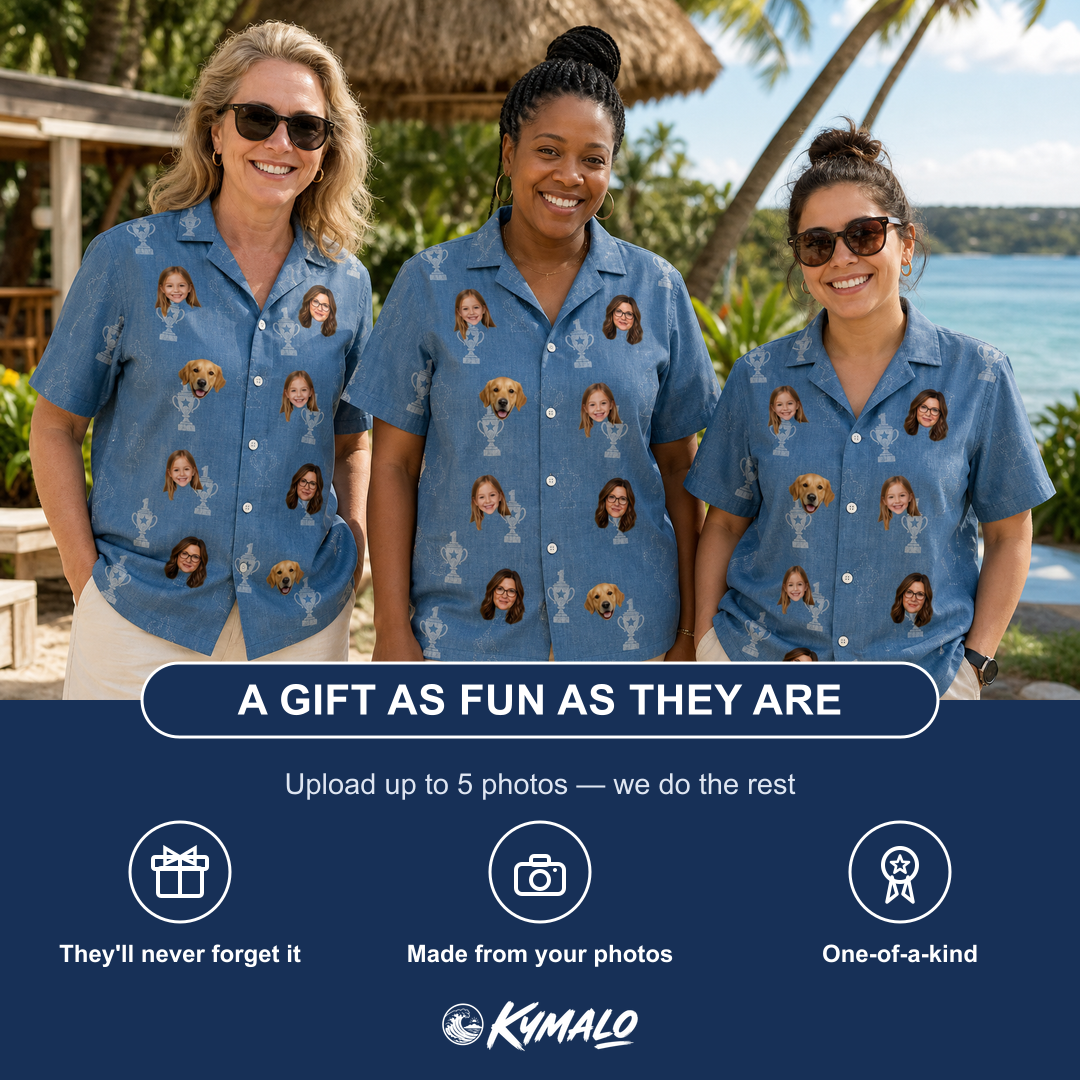 Friends in matching Women's Trophy Toppers Custom Face Hawaiian Shirt — a group gift photo