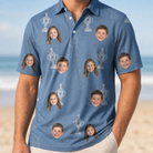 Model wearing Men's Trophy Toppers Custom Face Polo Shirt printed with kids' faces