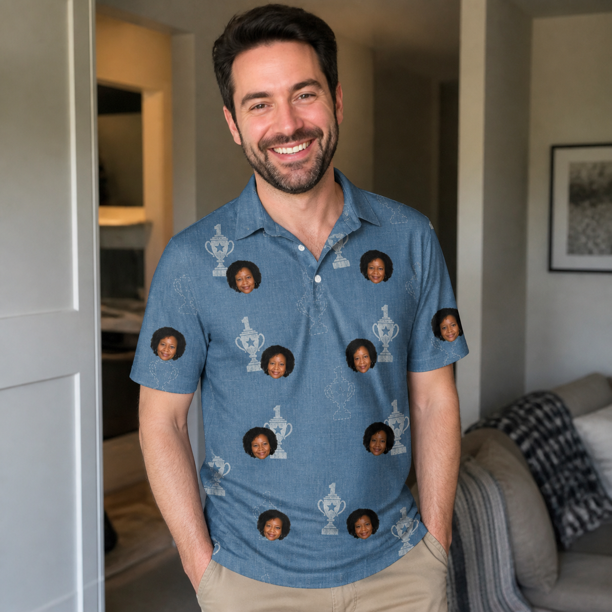 Real-life photo of someone wearing Men's Trophy Toppers Custom Face Polo Shirt — custom faces printed all-over