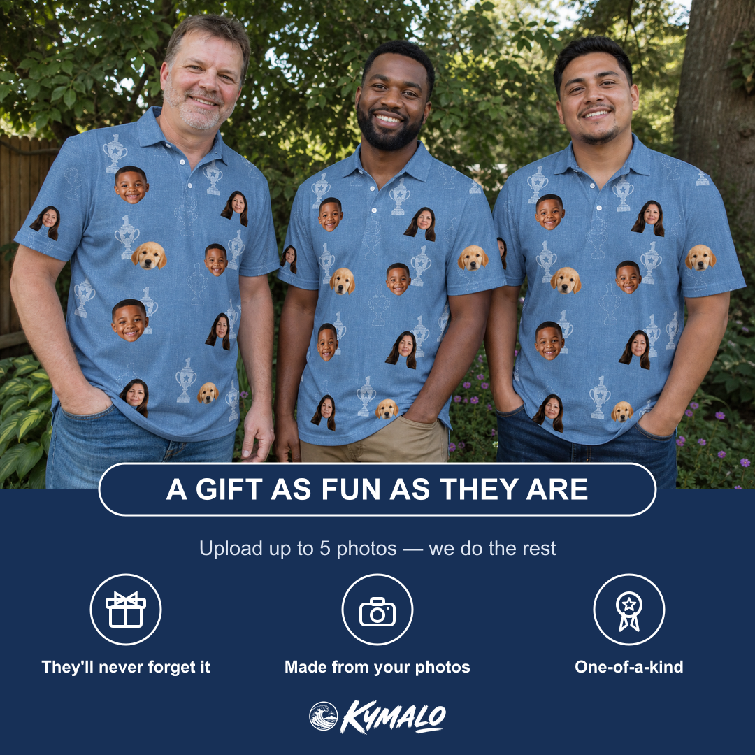 Friends in matching Men's Trophy Toppers Custom Face Polo Shirt — a group gift photo