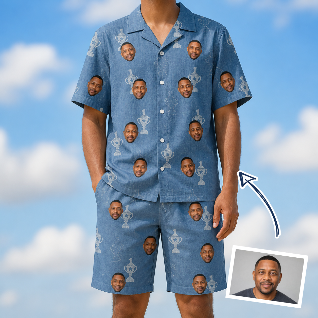 Man wearing Men's Trophy Toppers Custom Face Shirt & Shorts Set — custom faces printed all-over