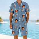 Model wearing Men's Trophy Toppers Custom Face Shirt & Shorts Set printed with kids' faces